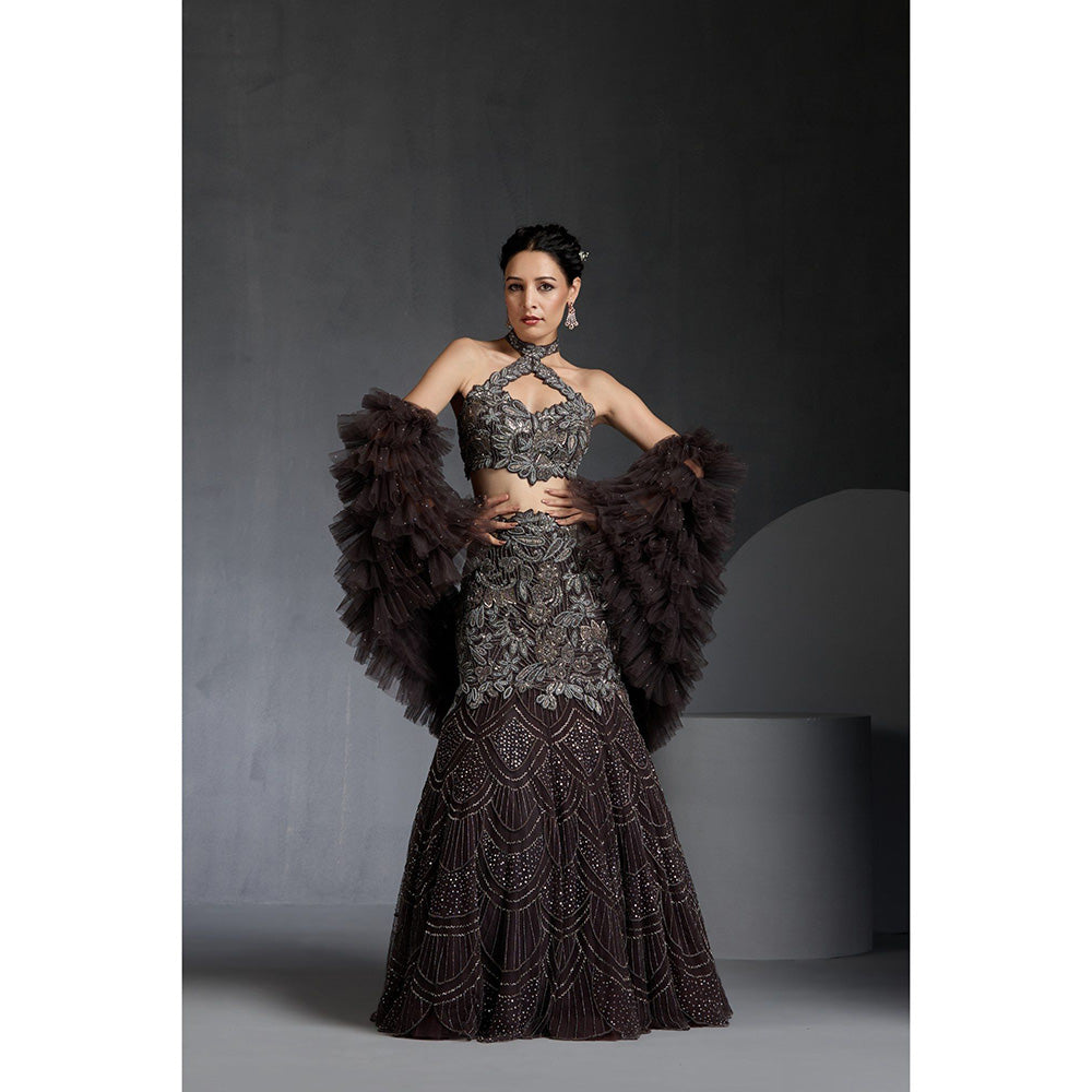 CHAASHNI BY MAANSI & KETAN Black Embellished Net Lehenga with Choli and Dupatta (Set of 3)