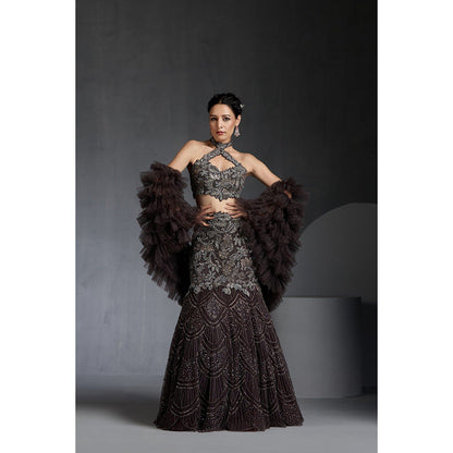 CHAASHNI BY MAANSI & KETAN Black Embellished Net Lehenga with Choli and Dupatta (Set of 3)