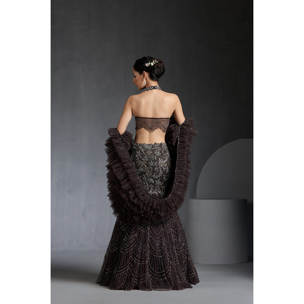 CHAASHNI BY MAANSI & KETAN Black Embellished Net Lehenga with Choli and Dupatta (Set of 3)