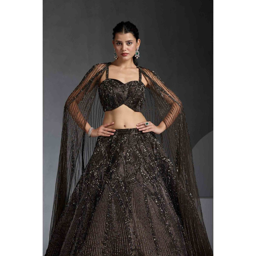 CHAASHNI BY MAANSI & KETAN Green Organza Embellished Lehenga with Choli and Cape (Set of 3)