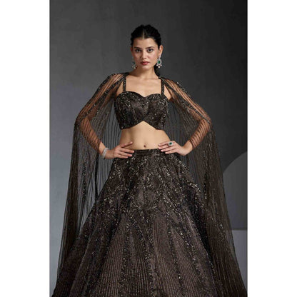 CHAASHNI BY MAANSI & KETAN Green Organza Embellished Lehenga with Choli and Cape (Set of 3)