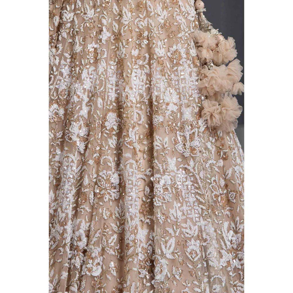 CHAASHNI BY MAANSI & KETAN Nude Embellished Net Lehenga with Choli and Dupatta (Set of 3)