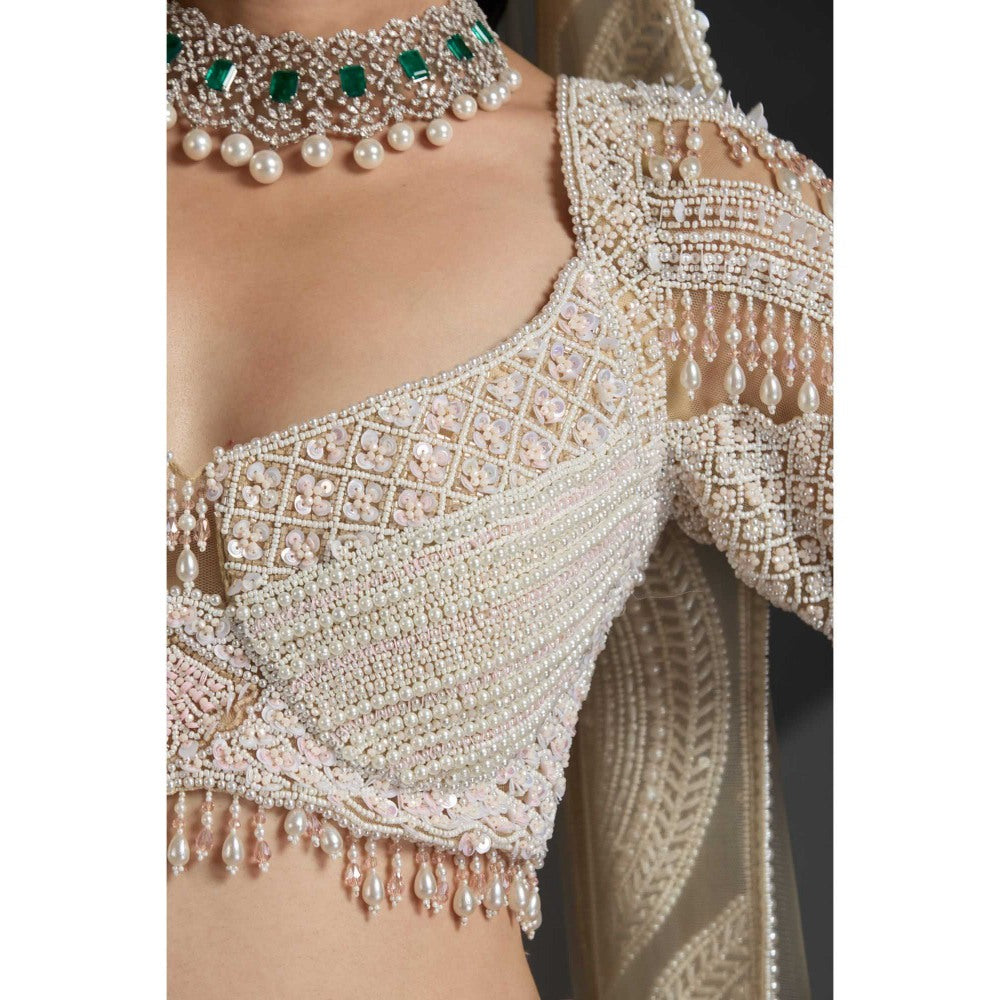 CHAASHNI BY MAANSI & KETAN Ivory Embellished Net Lehenga with Choli and Dupatta (Set of 3)