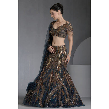 CHAASHNI BY MAANSI & KETAN Blue Sequins Embellished Lehenga with Choli and Dupatta (Set of 3)