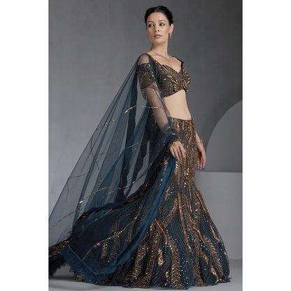 CHAASHNI BY MAANSI & KETAN Blue Sequins Embellished Lehenga with Choli and Dupatta (Set of 3)