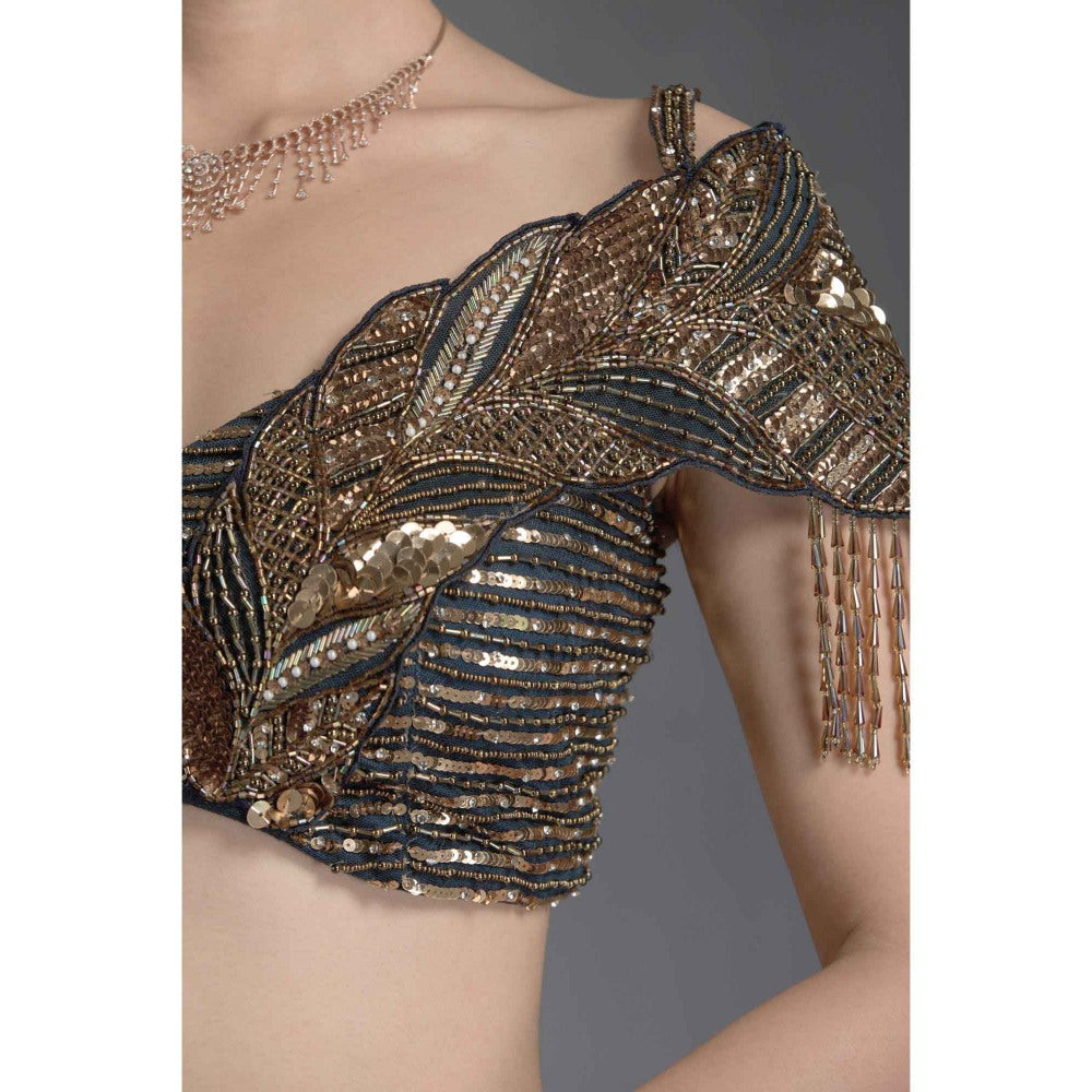 CHAASHNI BY MAANSI & KETAN Blue Sequins Embellished Lehenga with Choli and Dupatta (Set of 3)