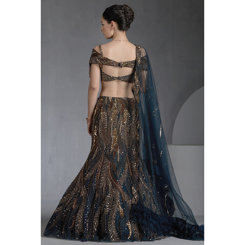 CHAASHNI BY MAANSI & KETAN Blue Sequins Embellished Lehenga with Choli and Dupatta (Set of 3)