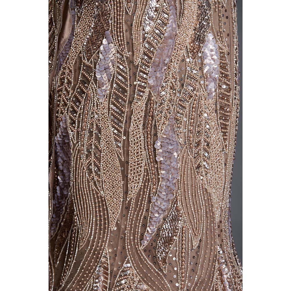 CHAASHNI BY MAANSI & KETAN Nude Embellished Net Lehenga with Choli and Dupatta (Set of 3)