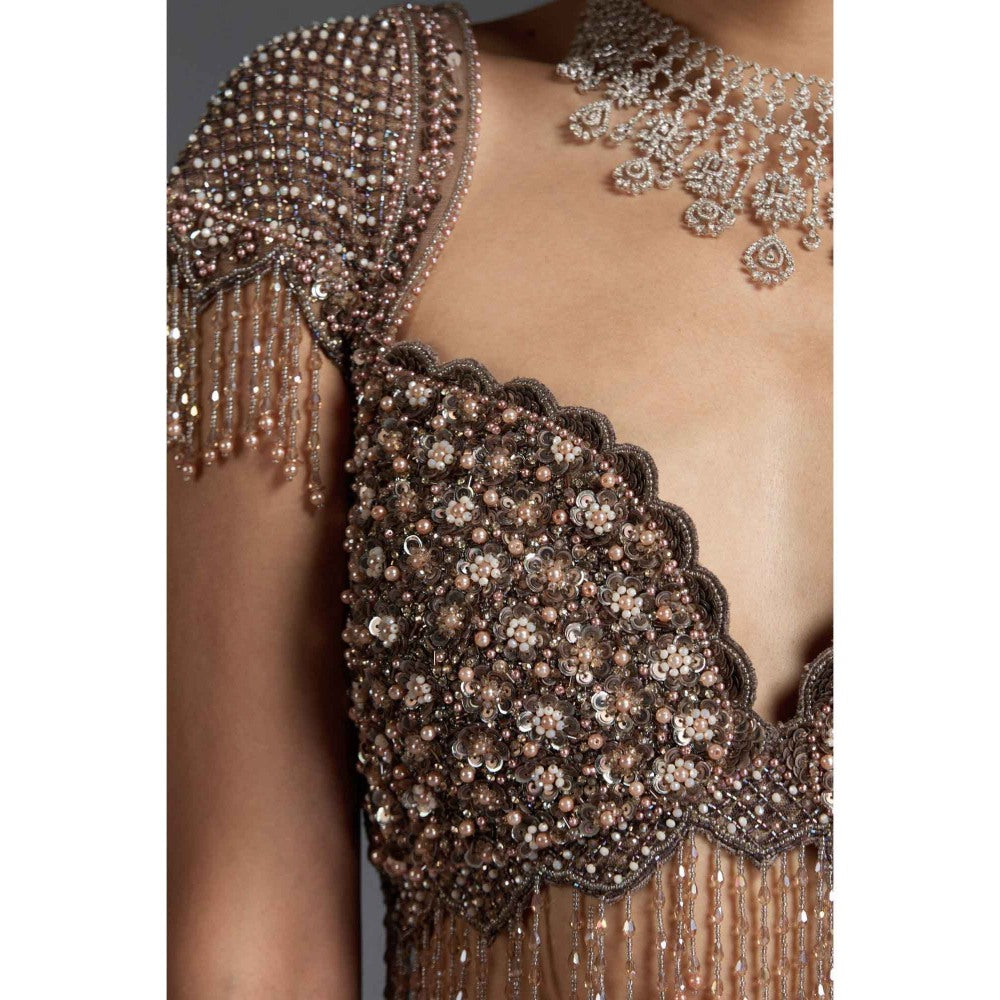 CHAASHNI BY MAANSI & KETAN Beige Embellished Net Lehenga with Choli and Dupatta (Set of 3)