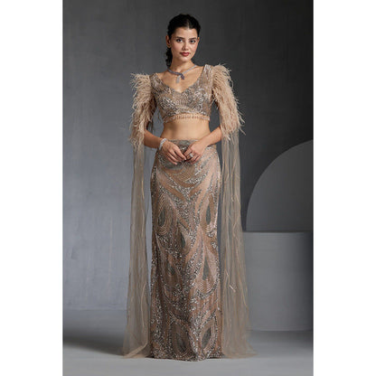 CHAASHNI BY MAANSI & KETAN Nude Embellished Net Lehenga with Choli (Set of 2)