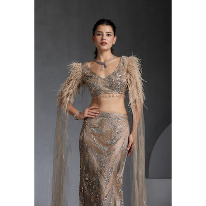 CHAASHNI BY MAANSI & KETAN Nude Embellished Net Lehenga with Choli (Set of 2)