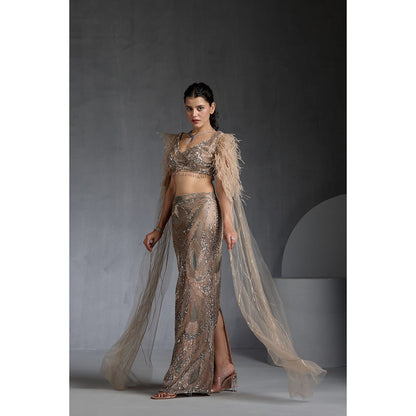 CHAASHNI BY MAANSI & KETAN Nude Embellished Net Lehenga with Choli (Set of 2)