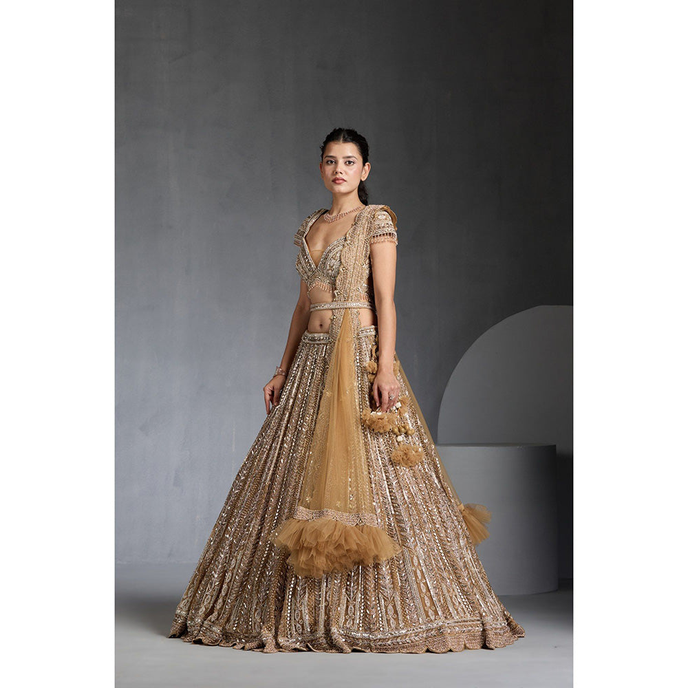 CHAASHNI BY MAANSI & KETAN Gold Lehenga with Choli, Dupatta and Belt (Set of 4)