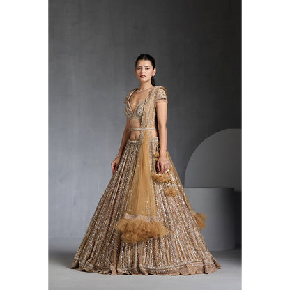 CHAASHNI BY MAANSI & KETAN Gold Lehenga with Choli, Dupatta and Belt (Set of 4)