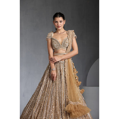 CHAASHNI BY MAANSI & KETAN Gold Lehenga with Choli, Dupatta and Belt (Set of 4)