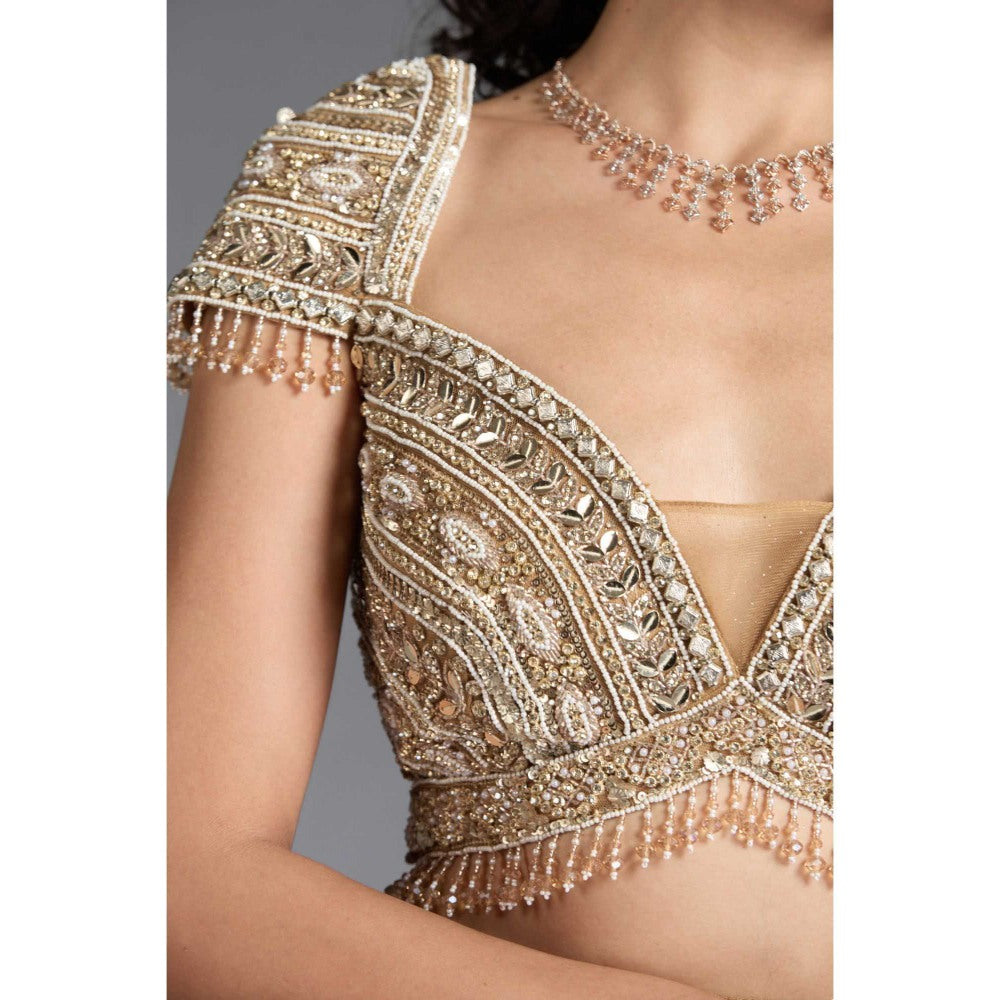 CHAASHNI BY MAANSI & KETAN Gold Lehenga with Choli, Dupatta and Belt (Set of 4)