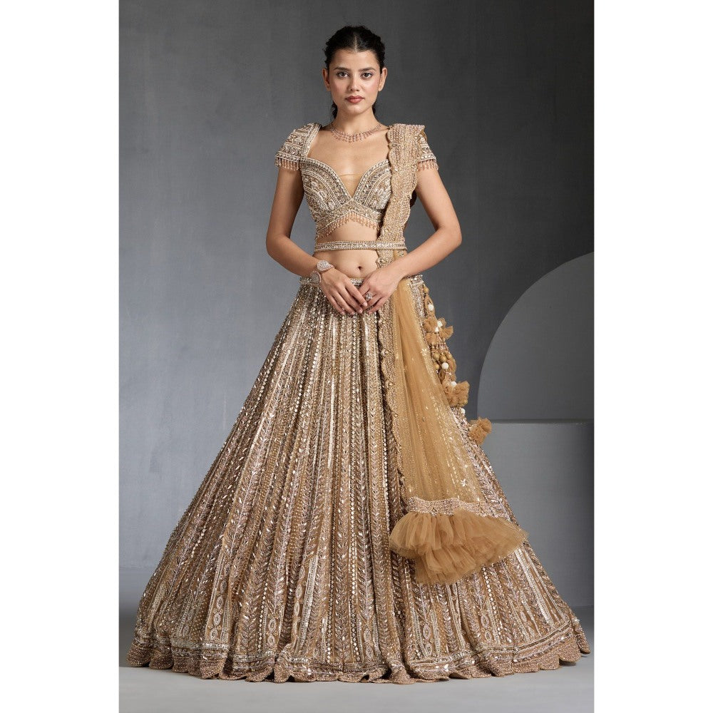 CHAASHNI BY MAANSI & KETAN Gold Lehenga with Choli, Dupatta and Belt (Set of 4)
