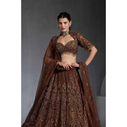 CHAASHNI BY MAANSI & KETAN Brown Embellished Lehenga with Choli and Dupatta (Set of 3)