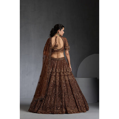 CHAASHNI BY MAANSI & KETAN Brown Embellished Lehenga with Choli and Dupatta (Set of 3)