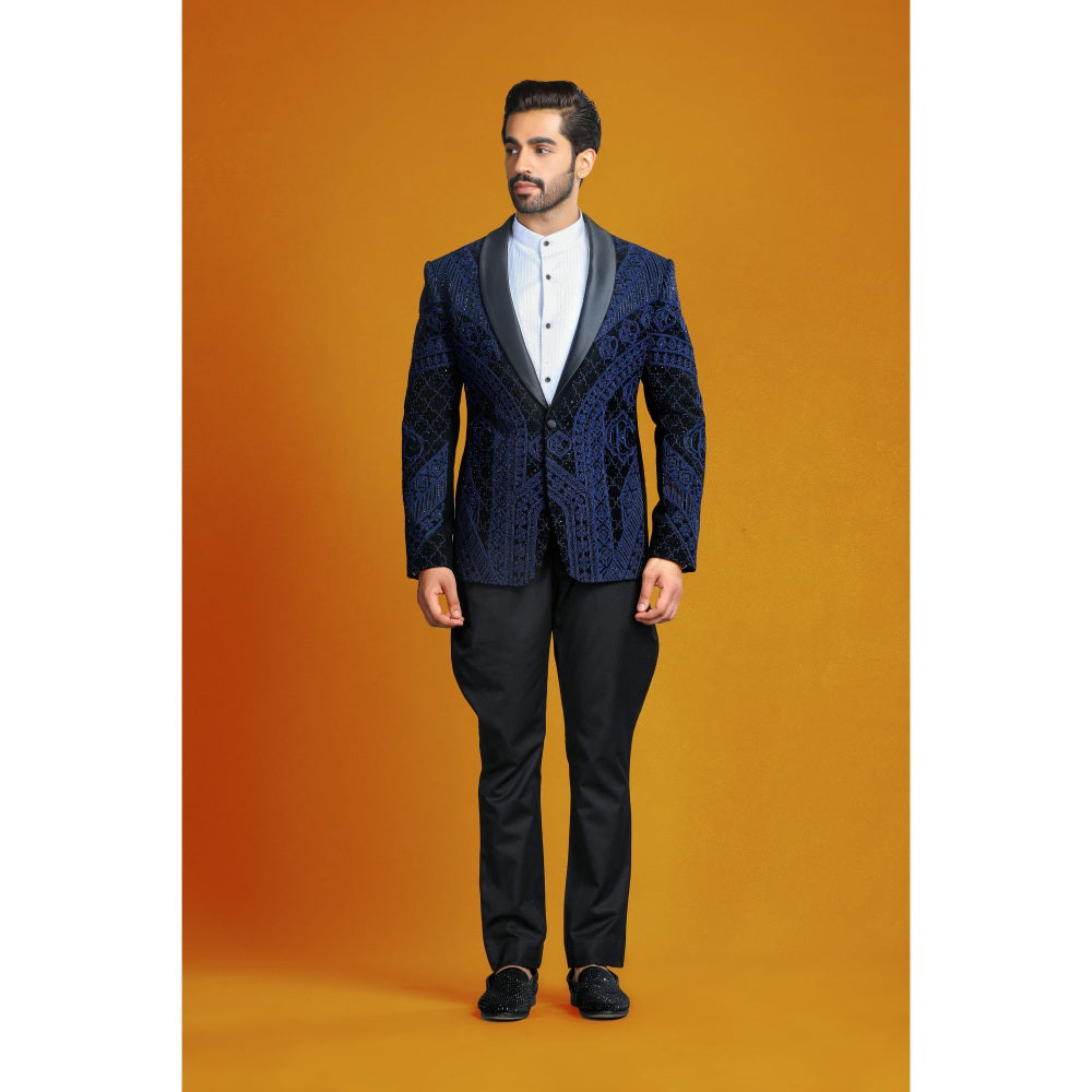 CHAR CHAAND Midnight Aura Black and Blue with Dori Embroidery Tuxedo with Pant (Set of 2)