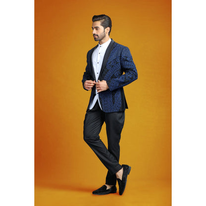 CHAR CHAAND Midnight Aura Black and Blue with Dori Embroidery Tuxedo with Pant (Set of 2)