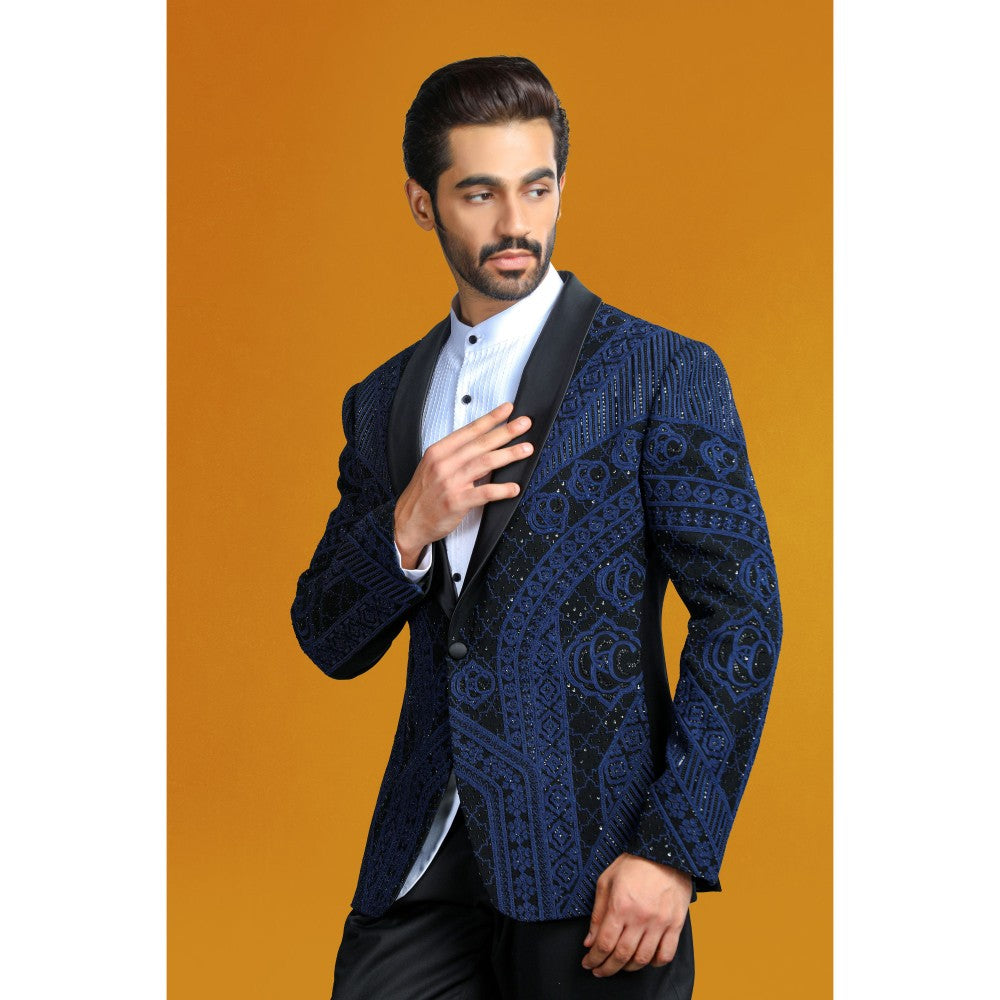 CHAR CHAAND Midnight Aura Black and Blue with Dori Embroidery Tuxedo with Pant (Set of 2)