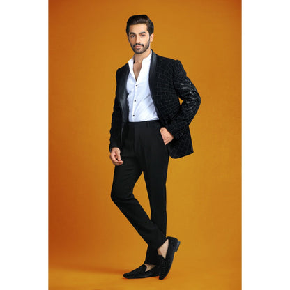 CHAR CHAAND Dark Dazzle Abstract Spider Web Embroidery Tuxedo with Pant (Set of 2)