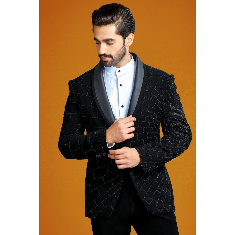 CHAR CHAAND Dark Dazzle Abstract Spider Web Embroidery Tuxedo with Pant (Set of 2)