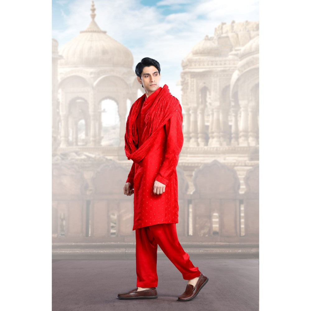CHAR CHAAND Elegant Red Embroidery and Sequin Kurta with Salwar & Dupatta (Set of 3)