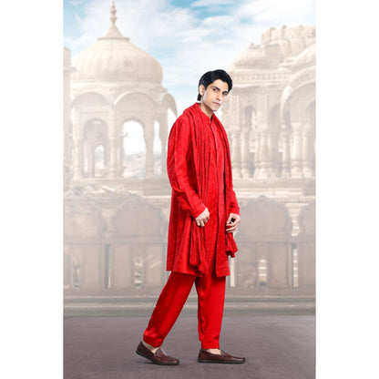 CHAR CHAAND Elegant Red Embroidery and Sequin Kurta with Salwar & Dupatta (Set of 3)