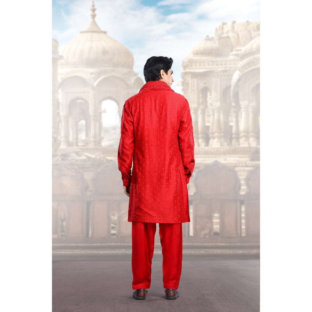 CHAR CHAAND Elegant Red Embroidery and Sequin Kurta with Salwar & Dupatta (Set of 3)