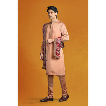 CHAR CHAAND Beige Brown Aari-Zardozi Embellished Kurta with Churidar & Dupatta (Set of 3)