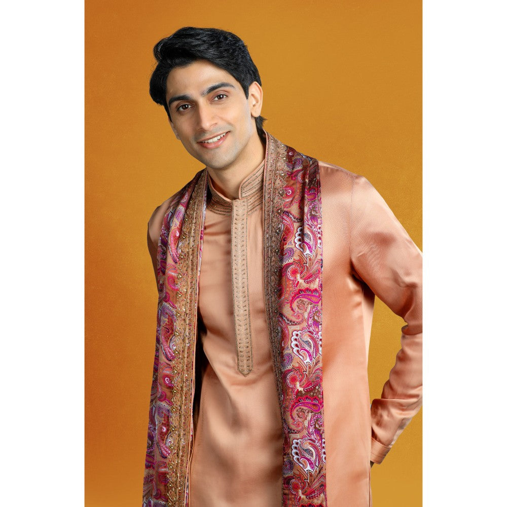 CHAR CHAAND Beige Brown Aari-Zardozi Embellished Kurta with Churidar & Dupatta (Set of 3)