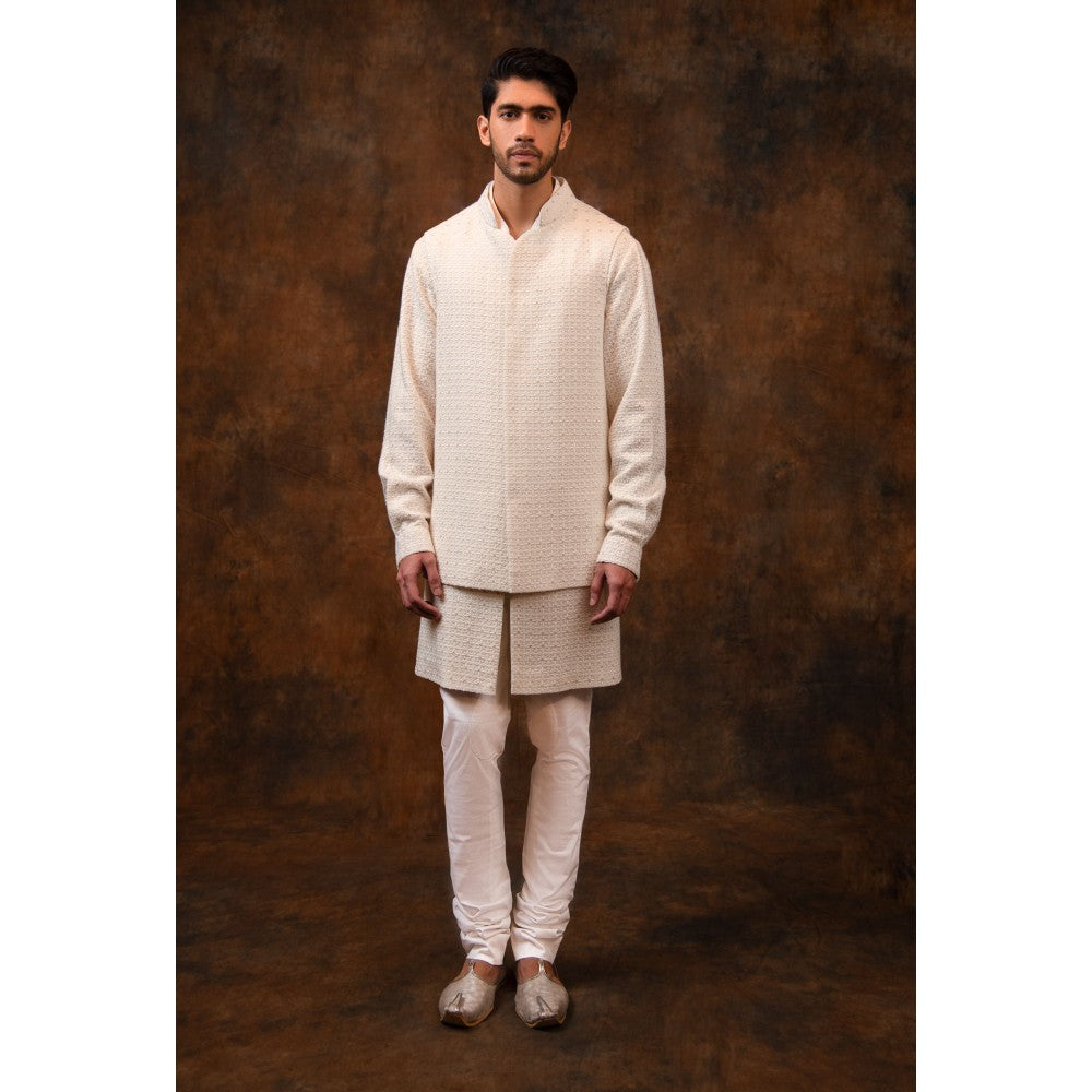CHAR CHAAND Moon Mist Chikankari with Subtle Sequin Kurta with Pant & Bundi (Set of 3)