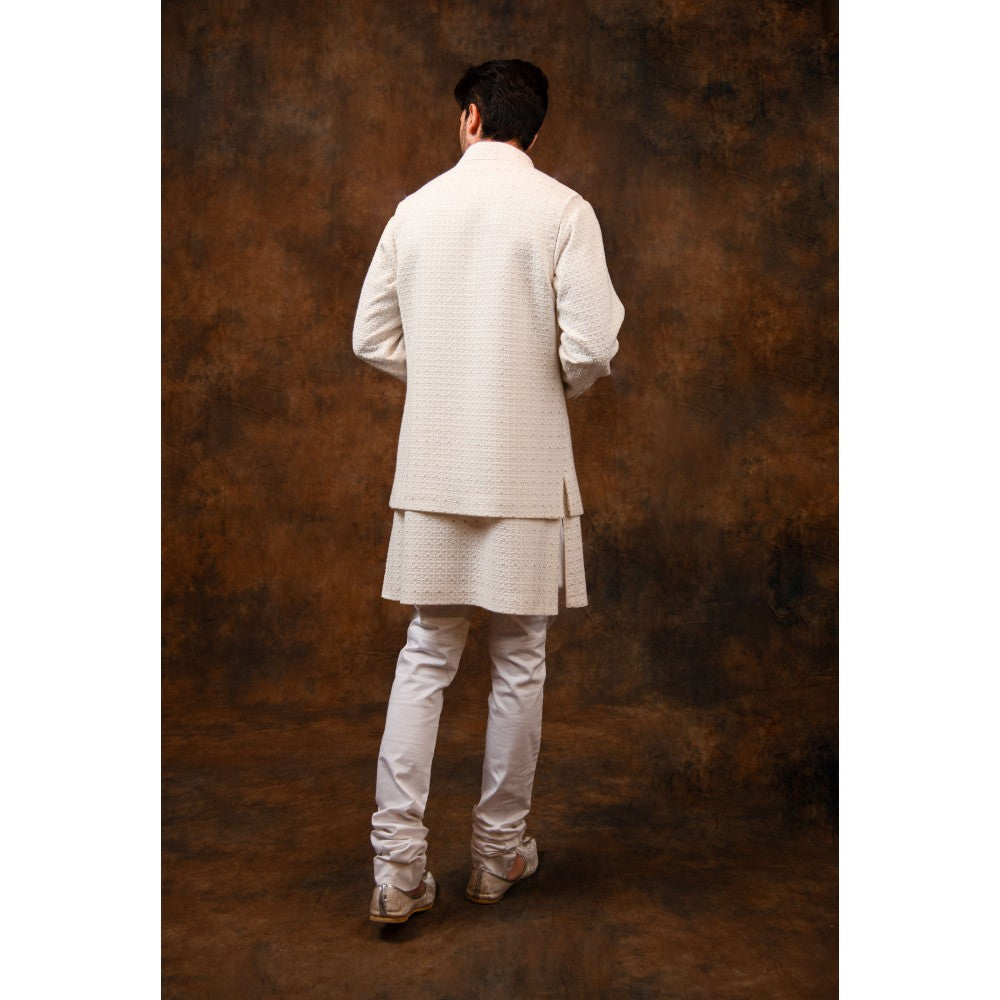 CHAR CHAAND Moon Mist Chikankari with Subtle Sequin Kurta with Pant & Bundi (Set of 3)