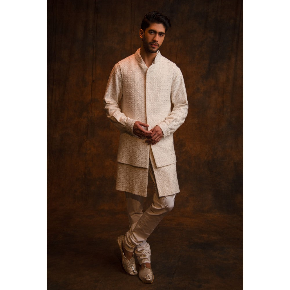 CHAR CHAAND Moon Mist Chikankari with Subtle Sequin Kurta with Pant & Bundi (Set of 3)