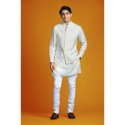 CHAR CHAAND Ivory Asymmetrical Silk-Textured Elegance Kurta with Pant & Bundi (Set of 3)