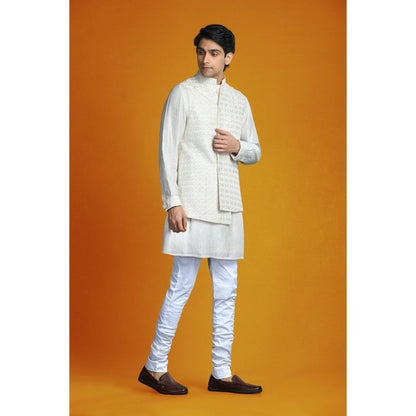 CHAR CHAAND Ivory Asymmetrical Silk-Textured Elegance Kurta with Pant & Bundi (Set of 3)