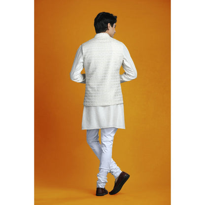 CHAR CHAAND Ivory Asymmetrical Silk-Textured Elegance Kurta with Pant & Bundi (Set of 3)