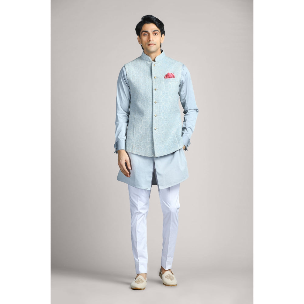 CHAR CHAAND Bluish Grey Soft Cotton with Patterned Layer Kurta with Pant & Bundi (Set of 3)