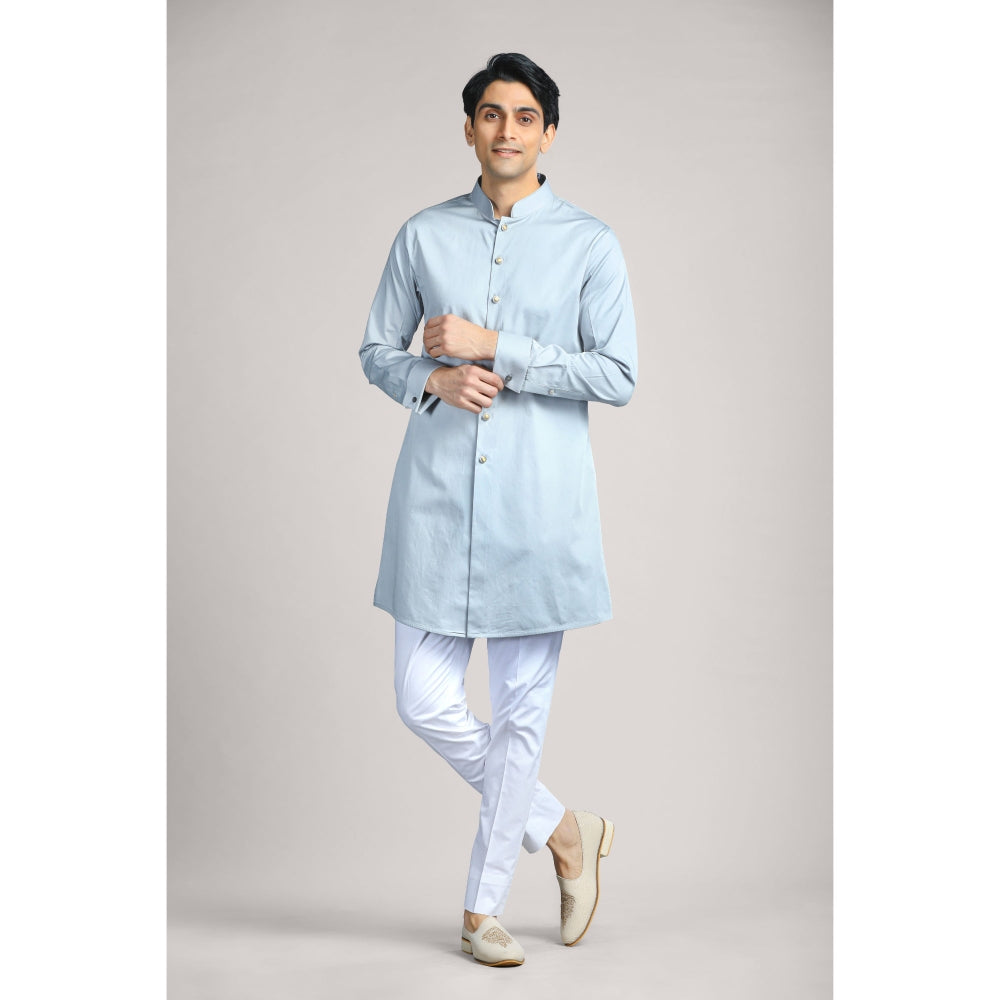 CHAR CHAAND Bluish Grey Soft Cotton with Patterned Layer Kurta with Pant & Bundi (Set of 3)