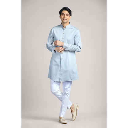 CHAR CHAAND Bluish Grey Soft Cotton with Patterned Layer Kurta with Pant & Bundi (Set of 3)