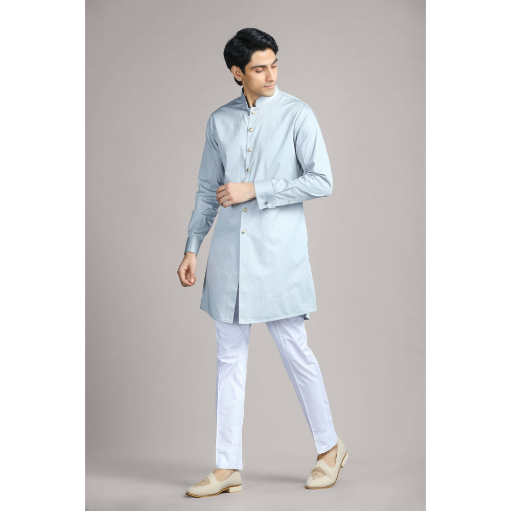 CHAR CHAAND Bluish Grey Soft Cotton with Patterned Layer Kurta with Pant & Bundi (Set of 3)