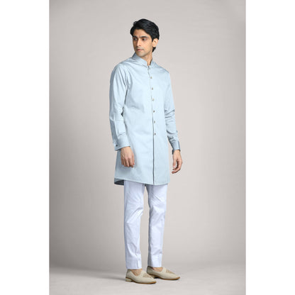 CHAR CHAAND Bluish Grey Soft Cotton with Patterned Layer Kurta with Pant & Bundi (Set of 3)