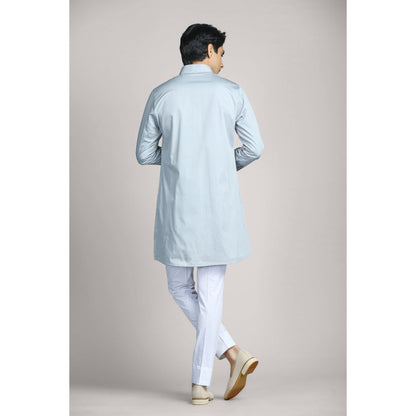 CHAR CHAAND Bluish Grey Soft Cotton with Patterned Layer Kurta with Pant & Bundi (Set of 3)