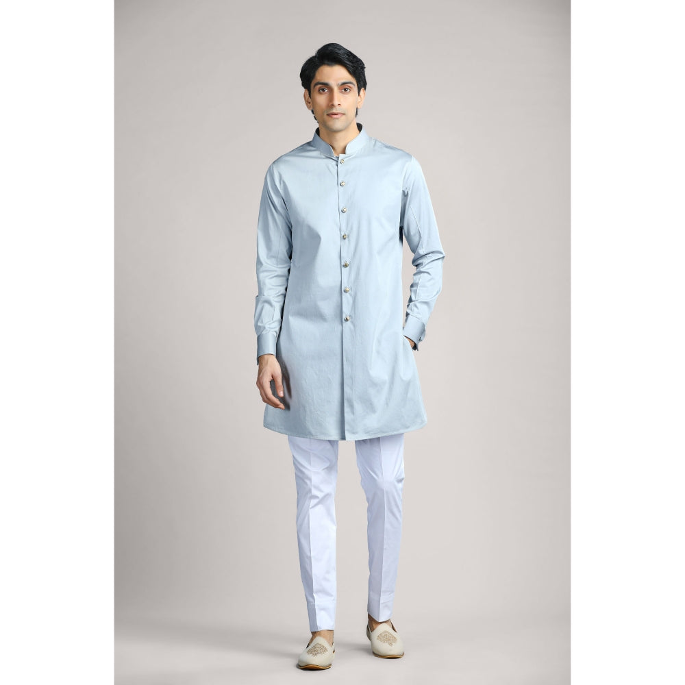 CHAR CHAAND Bluish Grey Soft Cotton with Patterned Layer Kurta with Pant & Bundi (Set of 3)