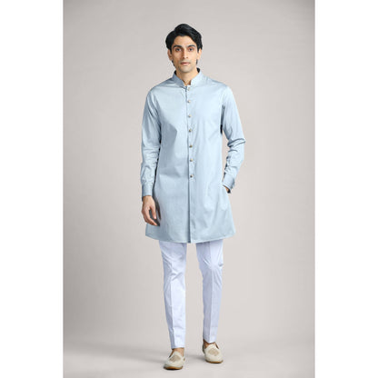 CHAR CHAAND Bluish Grey Soft Cotton with Patterned Layer Kurta with Pant & Bundi (Set of 3)