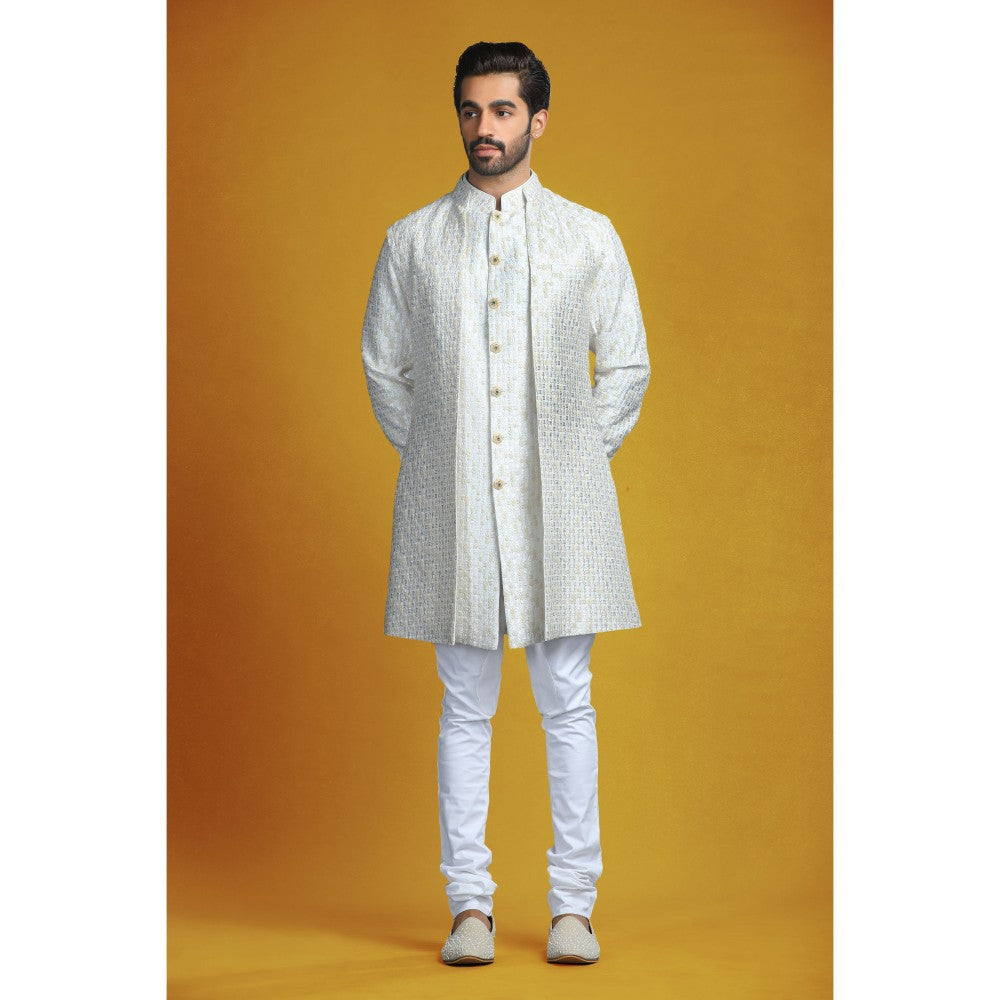 CHAR CHAAND Ivory Embroidery with Jewelled Buttons Kurta with Churidar & Bundi (Set of 3)