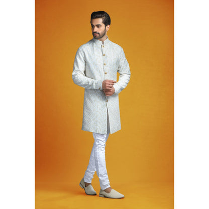 CHAR CHAAND Ivory Embroidery with Jewelled Buttons Kurta with Churidar & Bundi (Set of 3)