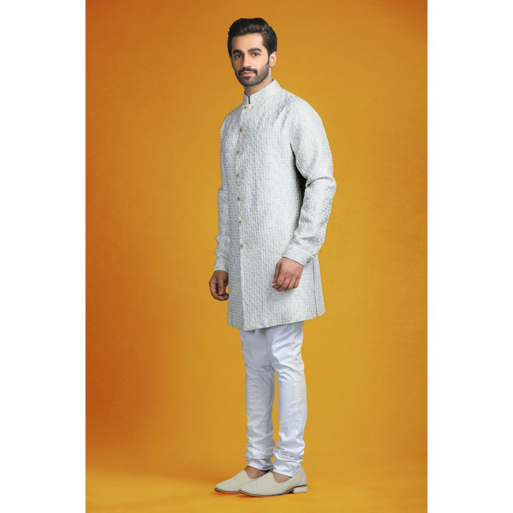 CHAR CHAAND Ivory Embroidery with Jewelled Buttons Kurta with Churidar & Bundi (Set of 3)